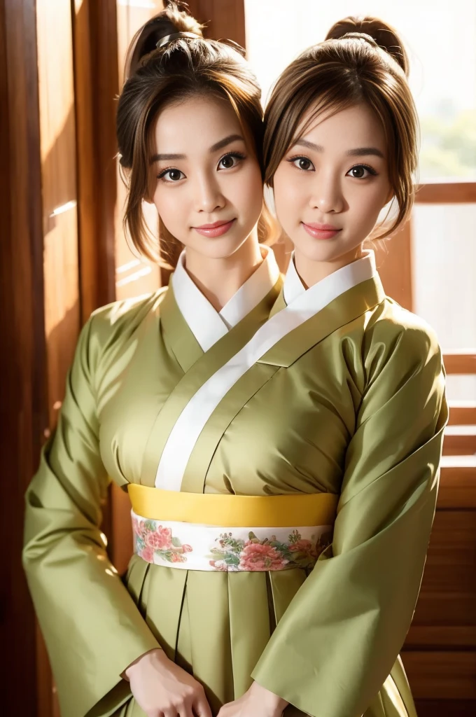 best resolution, 2heads,  korean woman with two heads , brown hair, blonde,  pixie cut and ponytail,  different faces, hanbok, indoor background