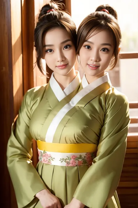 best resolution, 2heads,  korean woman with two heads , brown hair, blonde,  pixie cut and ponytail,  different faces, hanbok, i...