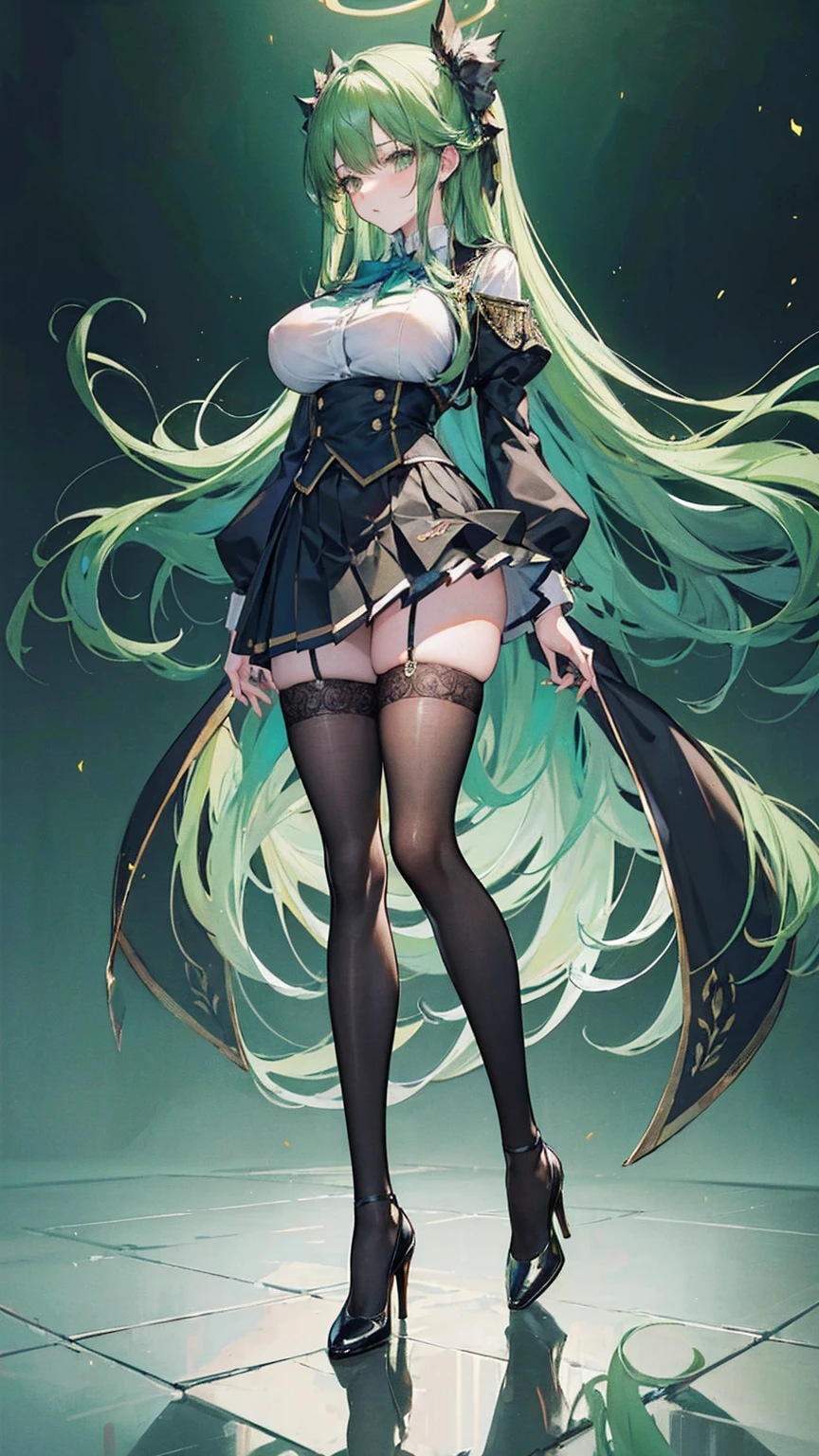 (masterpiece, top quality, best quality, official art, beautiful and aesthetic:1.0), (8k, best quality, masterpiece:1.2), very long hair,(full body:1.3), (large breasts:1.4), very long hair, high heels, black thighhighs, micro skirt, green hair, tall girl, school girl uniform ,