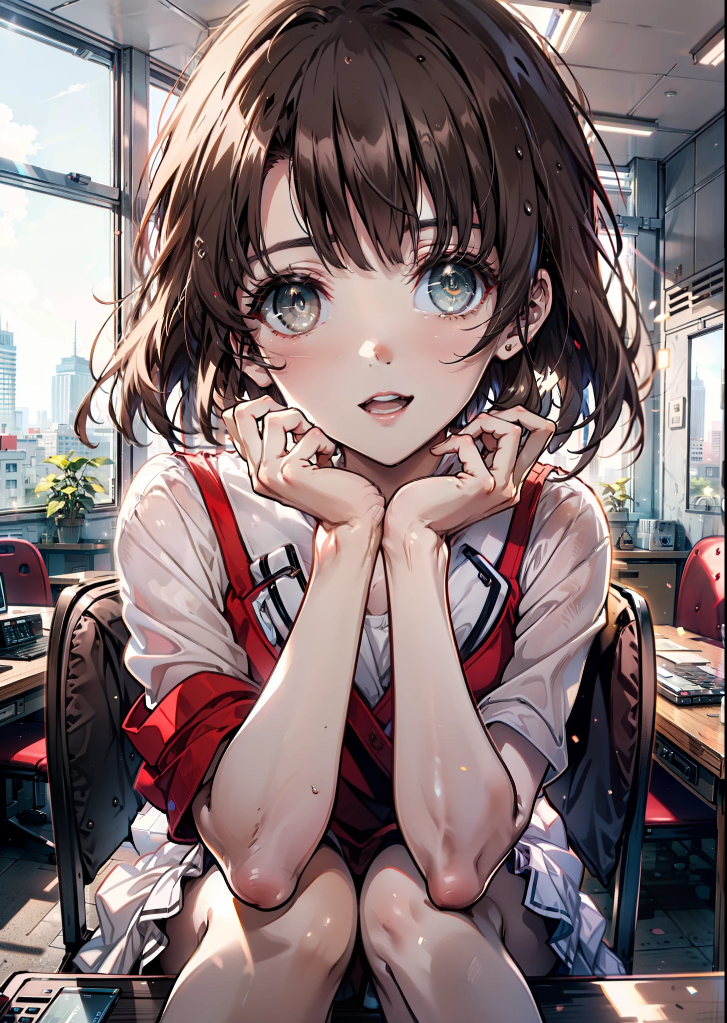 Katoumegumi, Megumi Katou, Brown Hair, short hair, (Brown eyes:1.5),happy smile, smile, Open your mouth, Red Tank Top Shirt,White long skirt,Black pantyhose,Stiletto heels,Open your mouth,sitting cross-legged on a chair,There is a computer and food on the table,interior,whole bodyがイラストに入るように,
break looking at viewer,whole body,
break indoors, office,
break (masterpiece:1.2), Highest quality, High resolution, unity 8k wallpaper, (shape:0.8), (Beautiful and beautiful eyes:1.6), Highly detailed face, Perfect lighting, Extremely detailed CG, (Perfect hands, Perfect Anatomy),
