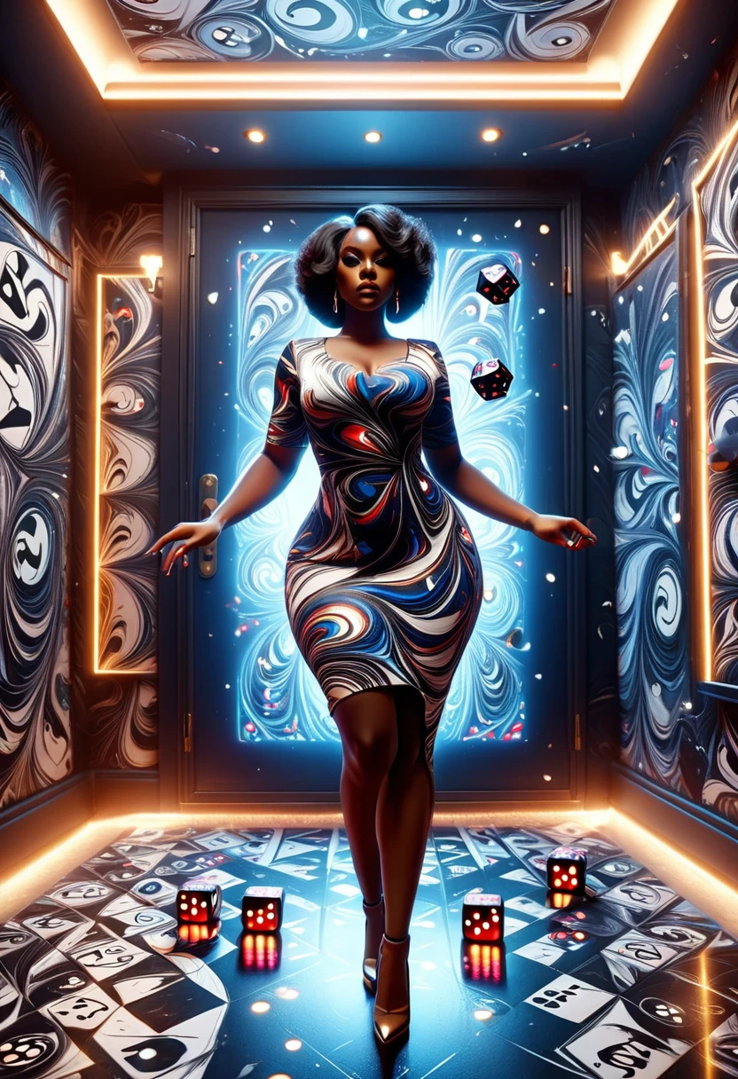 lente olho de peixe foto de uma mulher negra curvilínea em um lindo vestido, pose de modelo em pé em uma sala projetada com dados, jogando dados para o espectador, com desenhos de dados rolando nas paredes, piso e tetos, 32k Ultra-HD, mecanismo irreal renderizado, imagem hiper-realista,