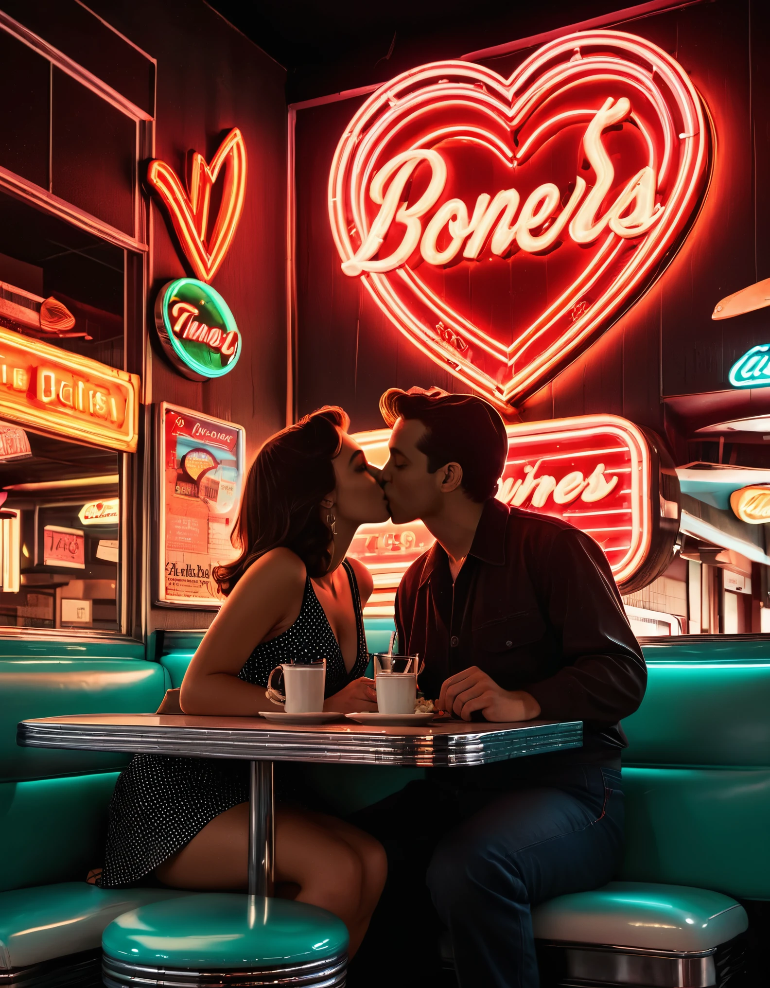 식당에서 키스하는 커플의 실루엣을 담은 레트로 네온 아트 작품, 네온사인과 하트 모양을 배경으로, 1950년대 향수를 불러일으키는 분위기