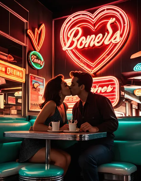 A retro neon art piece featuring the silhouette of a couple kissing at a diner, with neon signs and heart shapes in the backgrou...