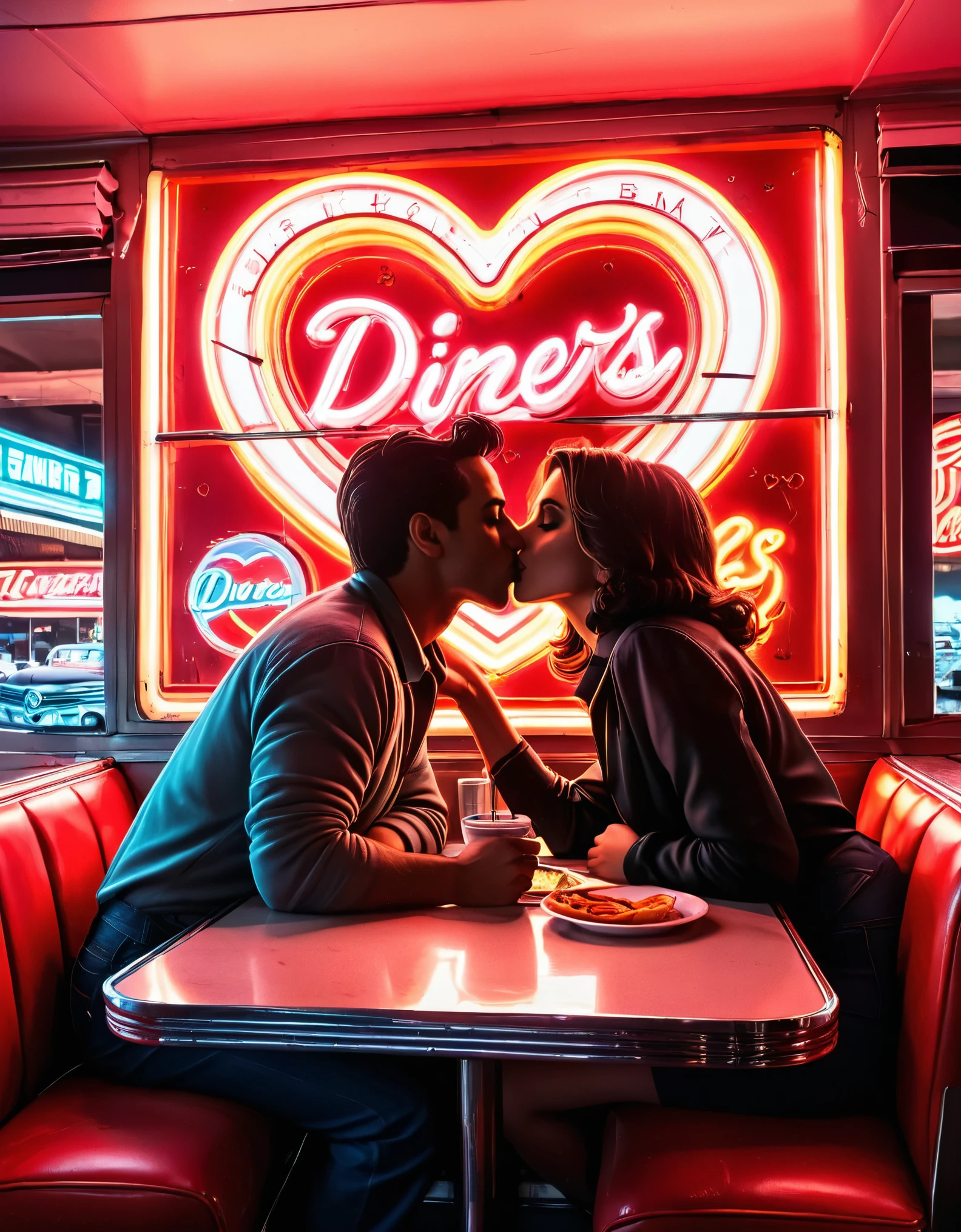 Una obra de arte retro de neón que presenta la silueta de una pareja besándose en un restaurante., con letreros de neón y formas de corazón en el fondo, evocando un ambiente nostálgico de los años 50