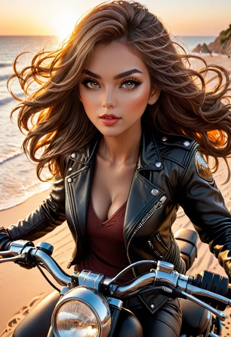 a beach, a motorcycle, a woman riding a motorcycle on the beach, golden hour, dramatic lighting, cinematic, vibrant colors, deta...