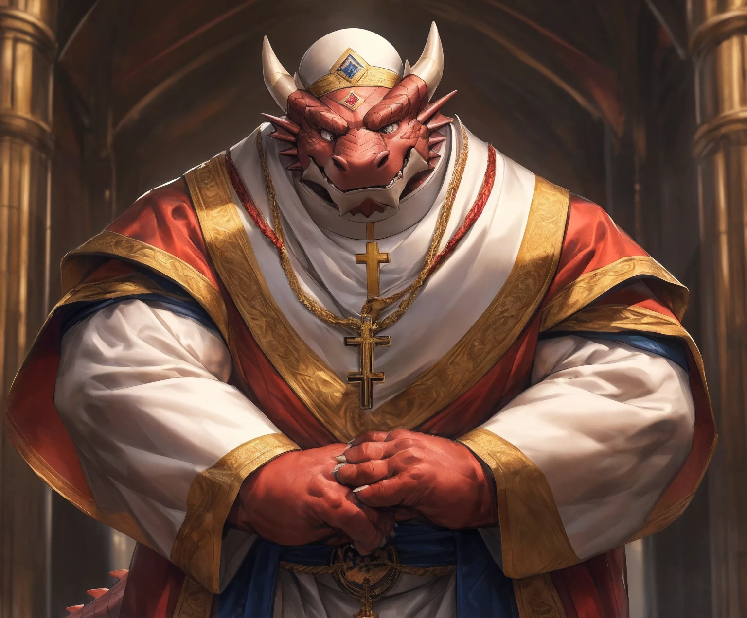 human nature, cannon, male, solitary, ((the strong，Handsome)), (dragon),((Traditional Catholic Pope outfit，西方dragondragon角))， standing，((Traditional Catholic style))，Hand in hand cross，high quality, (4K,high quality, high resolution, masterpiece), Front view (close up), cartoon,by lindong