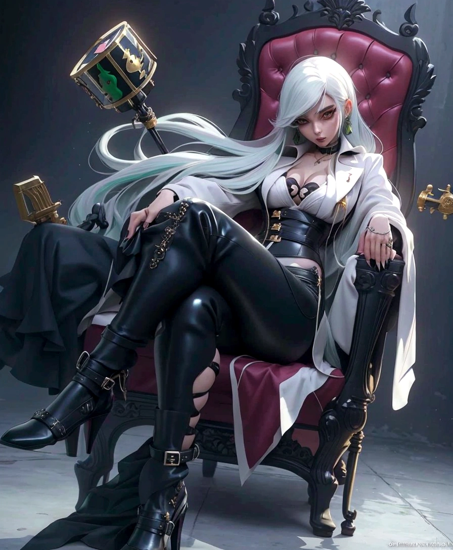 Green hair, 1girl, expresionless, long hairBest quality，masterpiece，a high resolution，Adult female, 1girl, Mafia member, sitting on throne, legs crossed, visible breasts apart, visible collarbone, holding cane, visible cane, lipstick, white hair, long hair, yellow eyes, black coat, long pant, thighs, black pant,