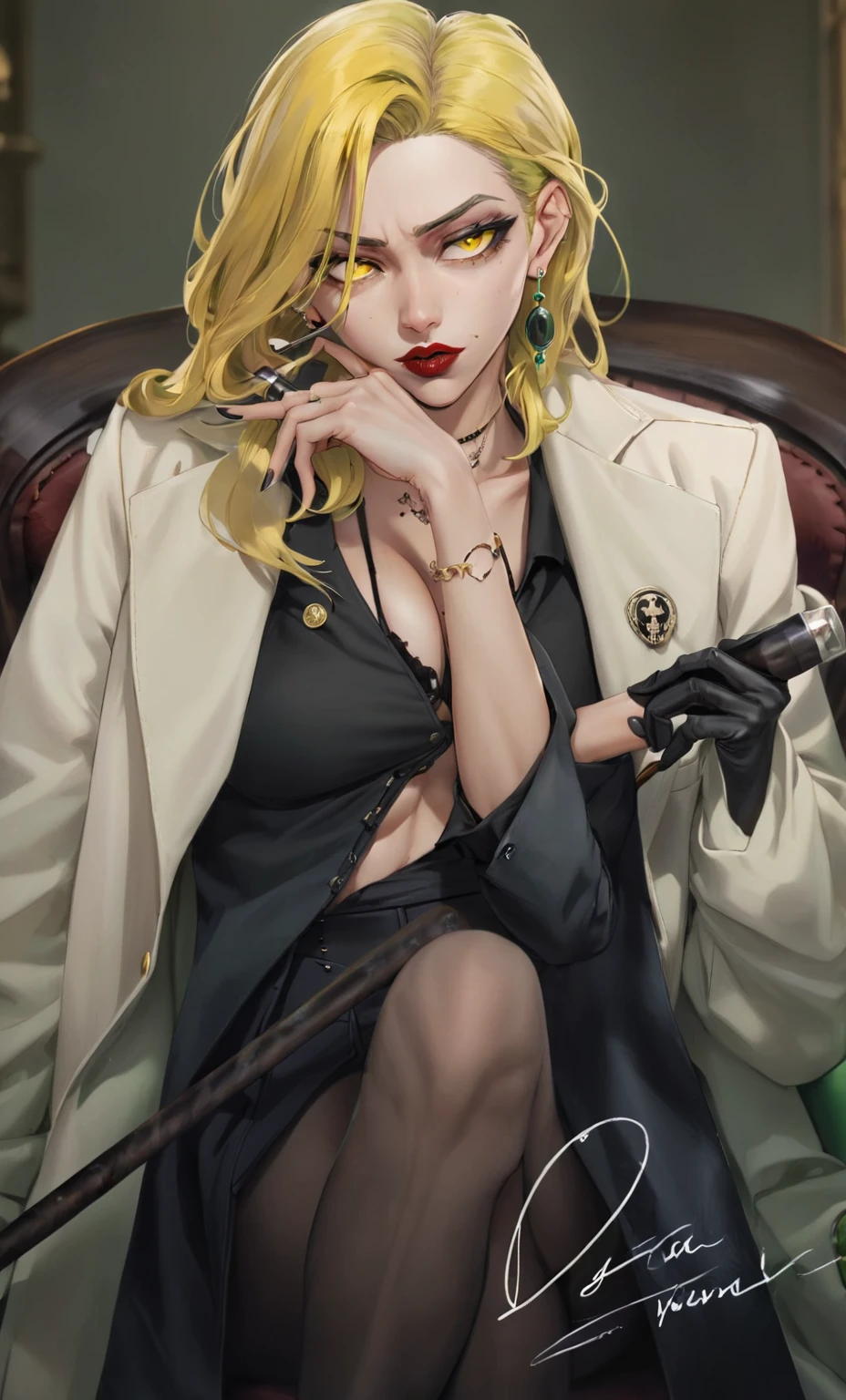 Green hair, 1girl, expresionless, long hairBest quality，masterpiece，a high resolution，Adult female, 1girl, Mafia member, sitting on throne, legs crossed, visible breasts apart, visible collarbone, holding cane, visible cane, lipstick, white hair, long hair, yellow eyes, black coat, long pant, thighs, black pant,