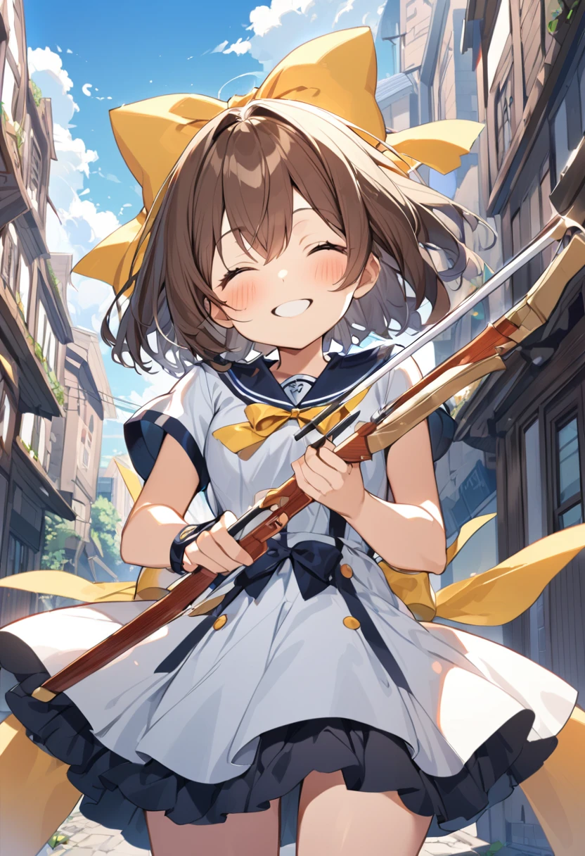 1 girl, alone, broad, blush, SMILE, Brown hair, bow, two tails, Closed eyes, weapon, short sleeves, hair bow, sky, day, blue sky, building, in front of the viewer, yellow bow, bow (weapon), ARROW (projectile)