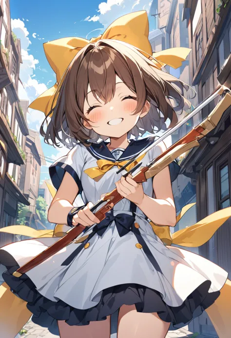 1 girl, alone, broad, blush, smile, brown hair, bow, two tails, closed eyes, weapon, short sleeves, hair bow, sky, day, blue sky...