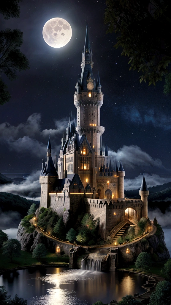 With the highest quality、Depict a fantastic CG magical castle。Create a castle with the following characteristics:：

Reminiscent of the good old world of magic、Magnificent stone castle, medieval Gothic architecture with tall towers, gargoyles and decorative windows、The intricate stone-paved garden courtyard is filled with ancient trees and magical plants.、A starry sky spreads across the sky with a rose arch、The moon shines on the castle, and magical lights dance in the night sky.、The castle is surrounded by a lake and waterfalls.、Magical sparkles reflect on the water surface. A misty, fantastical atmosphere. Ultra-high quality 4K.、Highest quality detail and realism based on this prompt、Create an image of a magical castle worthy of the Harry Potter world。