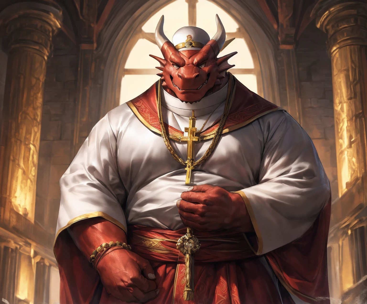 human nature, cannon, male, solitary, ((the strong，Handsome)), (dragon),((Traditional Catholic Pope outfit，Western dragon dragon horn))， standing，((Traditional Catholic style))，Hand in hand cross，high quality, (4K,high quality, high resolution, masterpiece), Front view (close up), cartoon,by lindong