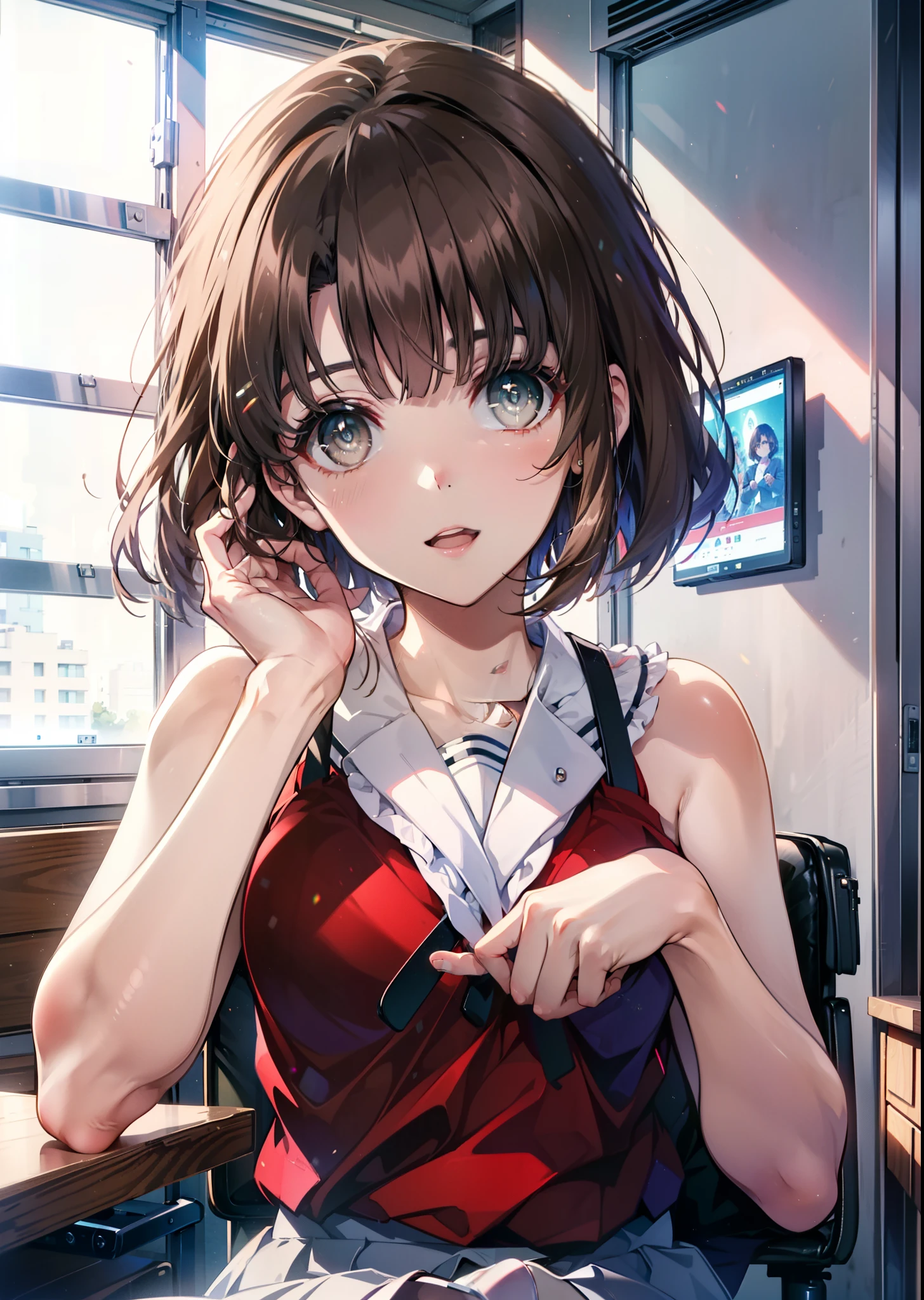 Katoumegumi, Megumi Katou, Brown Hair, short hair, (Brown eyes:1.5),happy smile, smile, Open your mouth, Red Tank Top Shirt,White long skirt,Black pantyhose,Stiletto heels,Open your mouth,sitting cross-legged on a chair,There is a computer and food on the table,interior,whole bodyがイラストに入るように,
break looking at viewer,whole body,
break indoors, office,
break (masterpiece:1.2), Highest quality, High resolution, unity 8k wallpaper, (shape:0.8), (Beautiful and beautiful eyes:1.6), Highly detailed face, Perfect lighting, Extremely detailed CG, (Perfect hands, Perfect Anatomy),