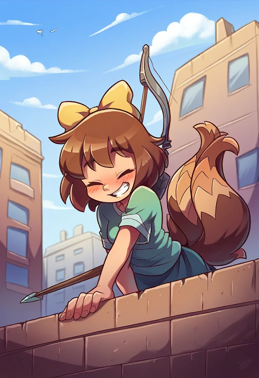 1 girl, alone, broad, blush, SMILE, Brown hair, bow, two tails, Closed eyes, weapon, short sleeves, hair bow, sky, day, blue sky, building, in front of the viewer, yellow bow, bow (weapon), ARROW (projectile)