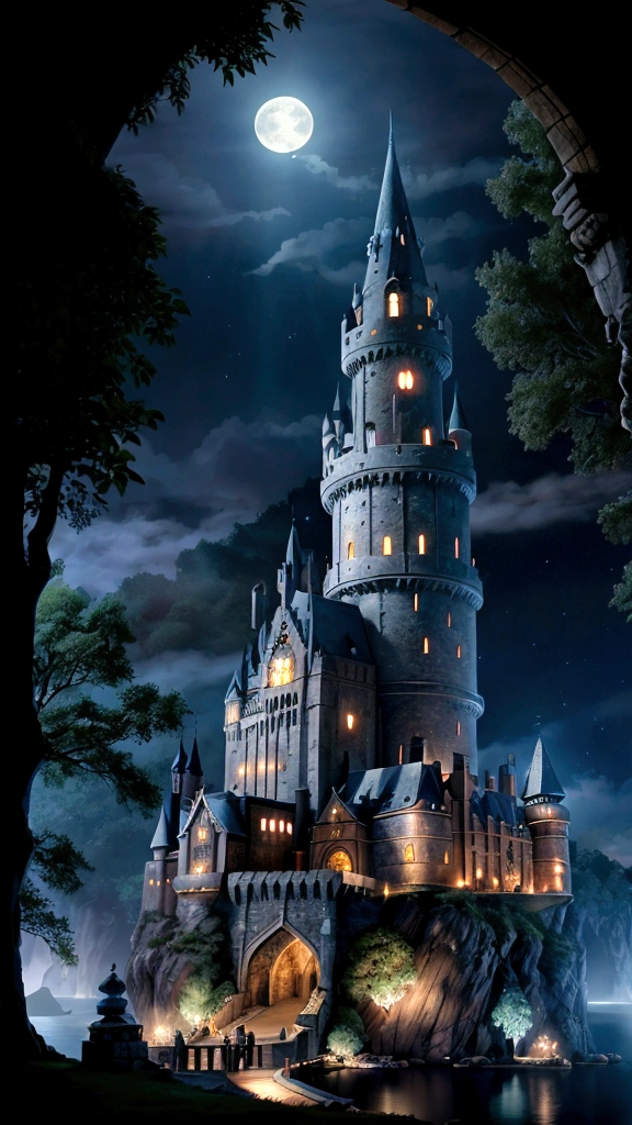 con la más alta calidad、Representar un fantástico castillo mágico de CG。Crea un castillo con las siguientes características:： Reminiscente del buen viejo mundo de la magia、Un magnífico castillo de piedra, arquitectura gótica medieval con altas torres, Gárgolas y ventanas decorativas、Intricados jardines y patios empedrados llenos de árboles antiguos y plantas mágicas、Hay un arco de rosas y el cielo está lleno de estrellas、La luna brilla sobre el castillo, y luces mágicas bailan en el cielo nocturno.、El castillo está rodeado de lagos y cascadas.、Destellos mágicos se reflejan en la superficie del agua. un brumoso, Atmósfera fantástica. Ultra alta resolución en 4K.、Máxima calidad de detalle y realismo basado en este aviso、Crea una imagen de un castillo mágico digno del mundo de Harry Potter。