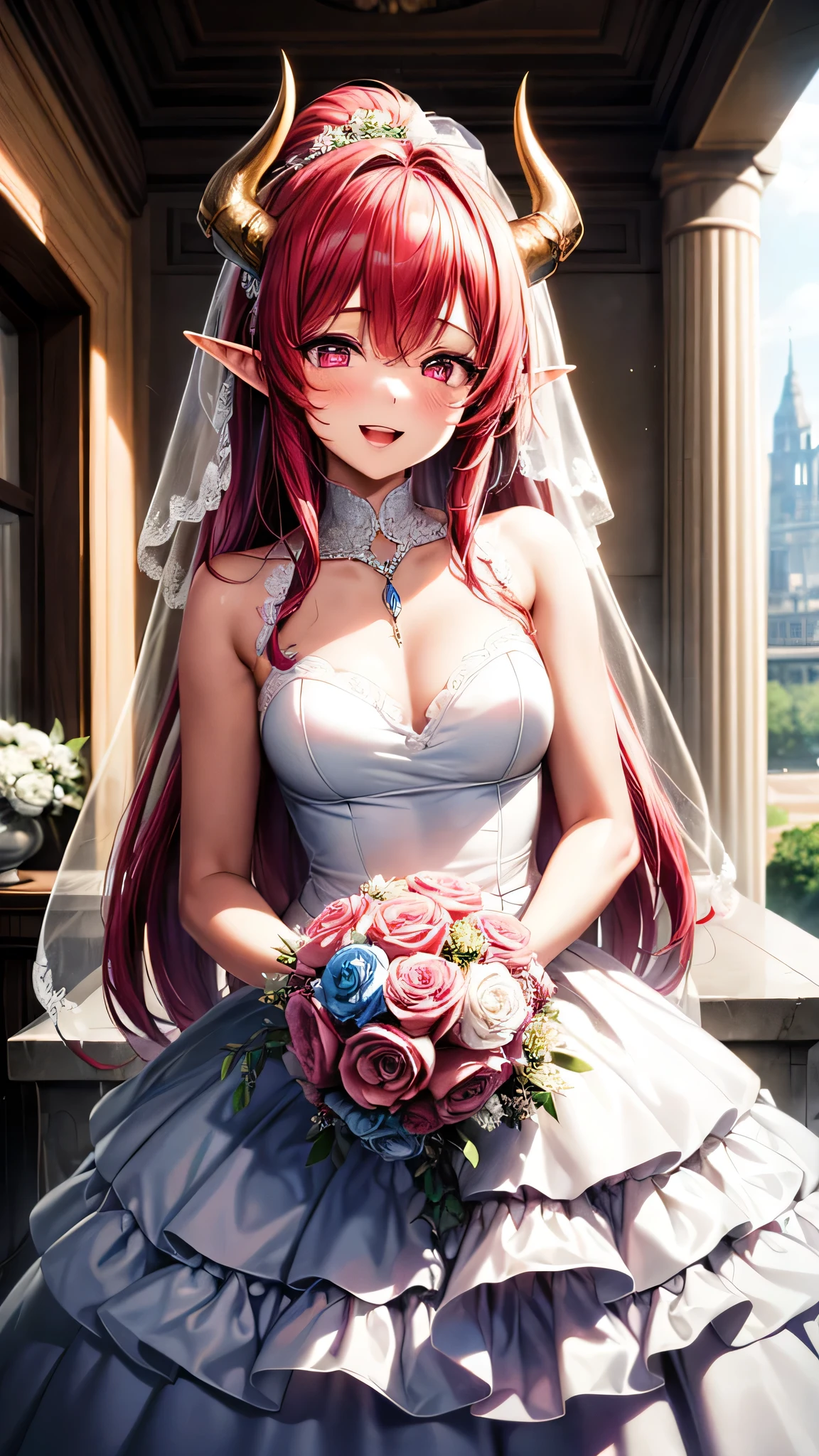 (masterpiece, top quality, best quality, official art, beautiful and aesthetic:1.2), (1girl:1.3), extremely detailed, official artstyle, highest detailed, parted lips,wallpaper, pink eyes, long hair, beautiful red hair, ponytail hairstyle, elf ears, two horns, black horns, bangs, (happiness, beautiful smile, happy expression, happy face), small breast, ((Wedding dress, chies, Bridal veil, Wedding, Bouquet)),(cowboy shot), holding a flower, cowboy shot, wedding vibes