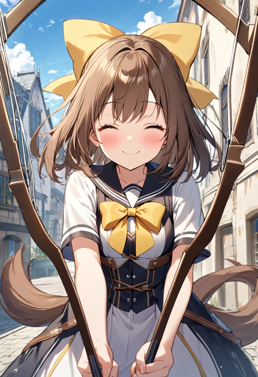 1 girl, alone, broad, blush, SMILE, Brown hair, bow, two tails, Closed eyes, weapon, short sleeves, hair bow, sky, day, blue sky, building, in front of the viewer, yellow bow, bow (weapon), ARROW (projectile)