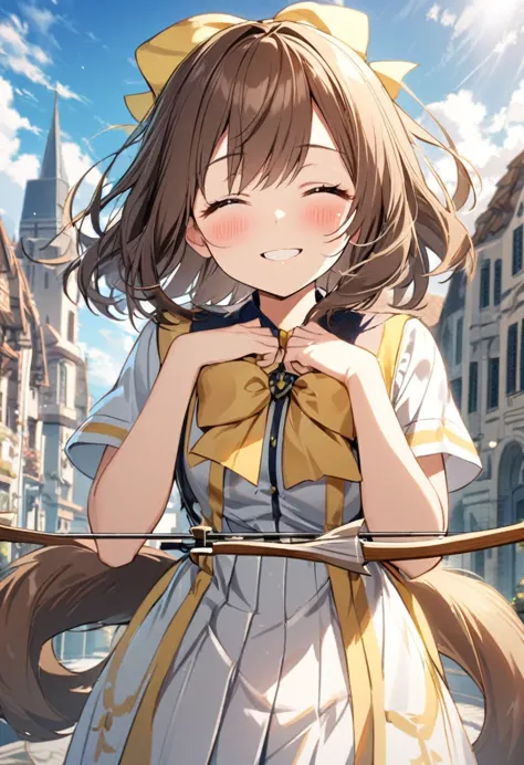 1 girl, alone, broad, blush, smile, brown hair, bow, two tails, closed eyes, weapon, short sleeves, hair bow, sky, day, blue sky...