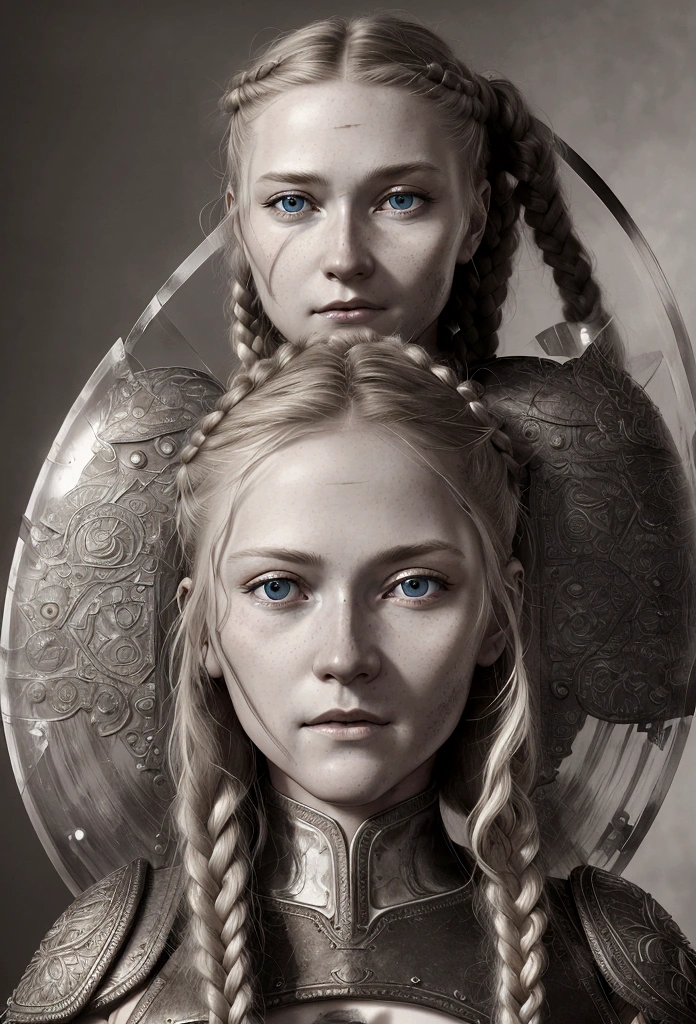 detailed portrait of a nordic warrior woman, 1 girl, long blonde braided hair, detailed face, beautiful blue eyes, detailed nose and lips, holding a shield and sword, in a war scene, detailed armor, intricate textured clothing, ambient lighting, cinematic composition, dramatic lighting, fantasy, highly detailed, 8k, photorealistic, masterpiece