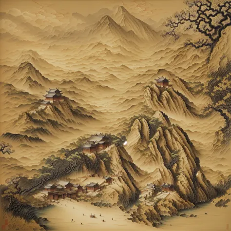 A close-up of a painting，There is a mountain in the painting，There is a house in the background, traditional Chinese painting st...
