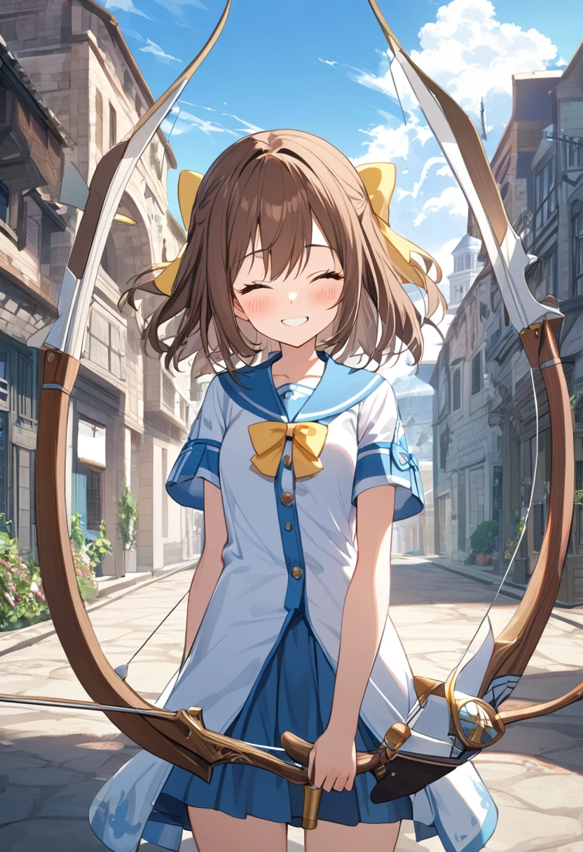 1 girl, alone, broad, blush, SMILE, Brown hair, bow, two tails, Closed eyes, weapon, short sleeves, hair bow, sky, day, blue sky, building, in front of the viewer, yellow bow, bow (weapon), ARROW (projectile)