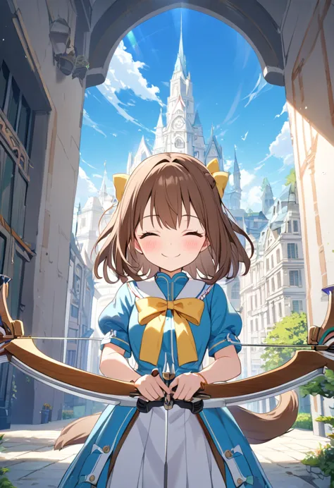 1 girl, alone, broad, blush, smile, brown hair, bow, two tails, closed eyes, weapon, short sleeves, hair bow, sky, day, blue sky...