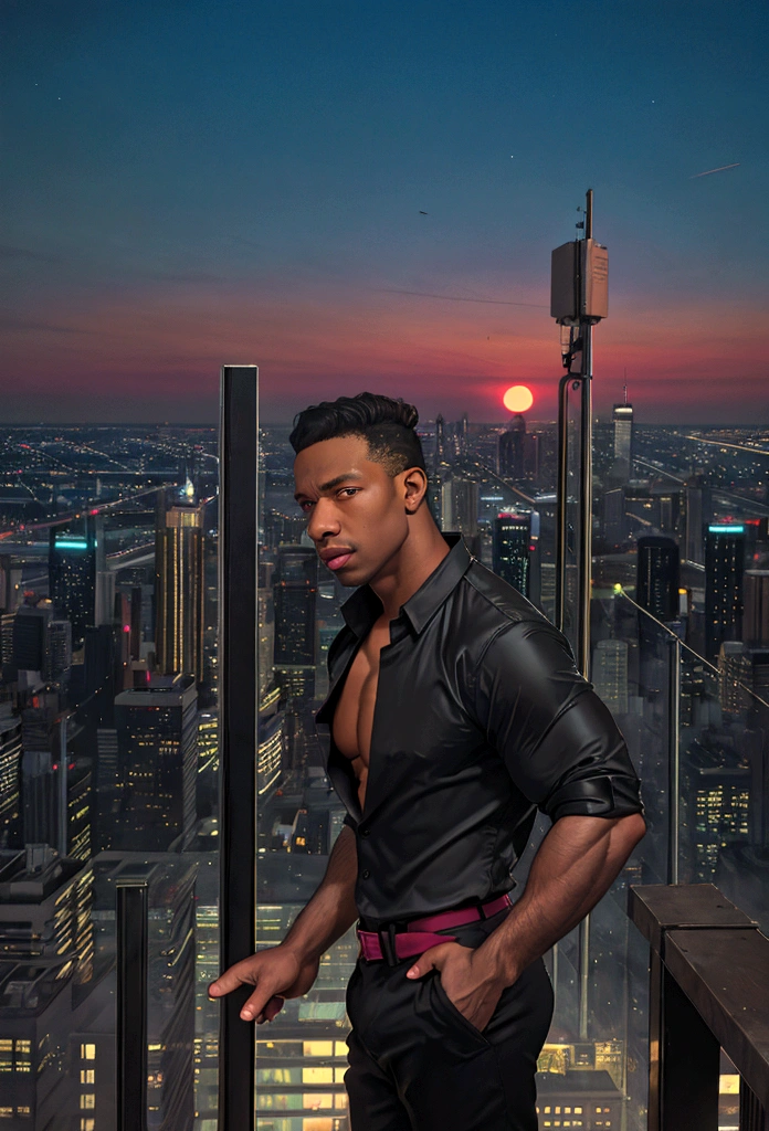 (solo), RAW Photo, photo of man Todder8 on a rooftop overlooking a bustling cityscape at twilight wearing contemporary clothes, (wearing shirt), glow of the setting sun, vibrant ambiance, athleticism, confidence,  rhythm, skyscrapers, neon lights, music, (jet magazine), (photo by Gordon Parks)