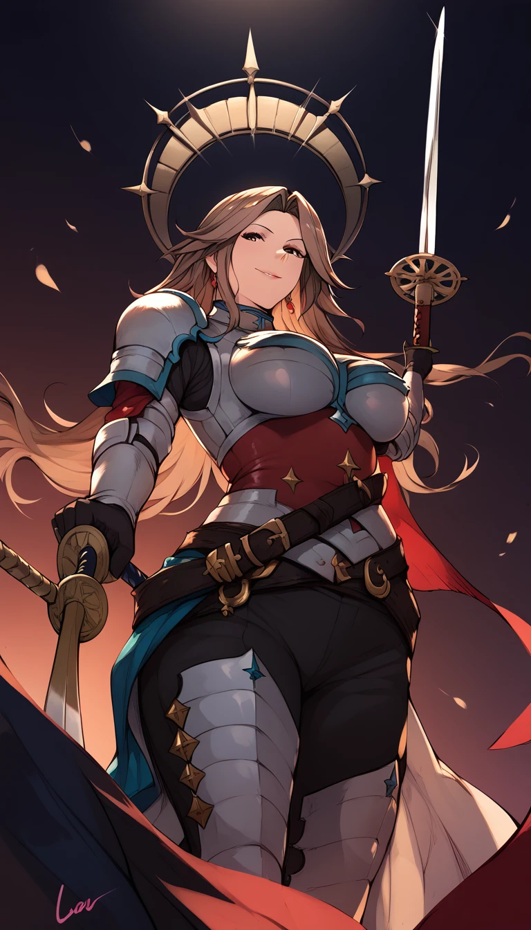 score_9, score_8_up, score_7_up, score_6_up, uncensored, katalina \(granblue fantasy\), brown hair, forehead, parted bangs, long hair, wavy hair, brown eyes, adult, mature, naughty face, 1girl, weapon, sword, looking_at_viewer, solo, holding, holding_sword, gloves, large breasts, standing, smile, holding_sword, 