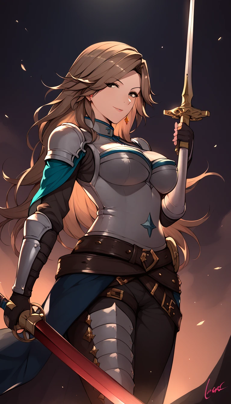 Punktzahl_9, Punktzahl_8_hoch, Punktzahl_7_hoch, Punktzahl_6_hoch, unzensiert, kbeialina \(granblue fantasy\), braune Haare, Stirn, geteilter Pony, lange Haare, welliges Haar, braune Augen, Erwachsene, mbeiure, freches Gesicht, 1 Mädchen, Waffe, Schwert, suchen_bei_Zuschauer, Allein, Halten, Halten_Schwert, Handschuhe, große Brüste, Stehen, lächeln, Halten_Schwert, 