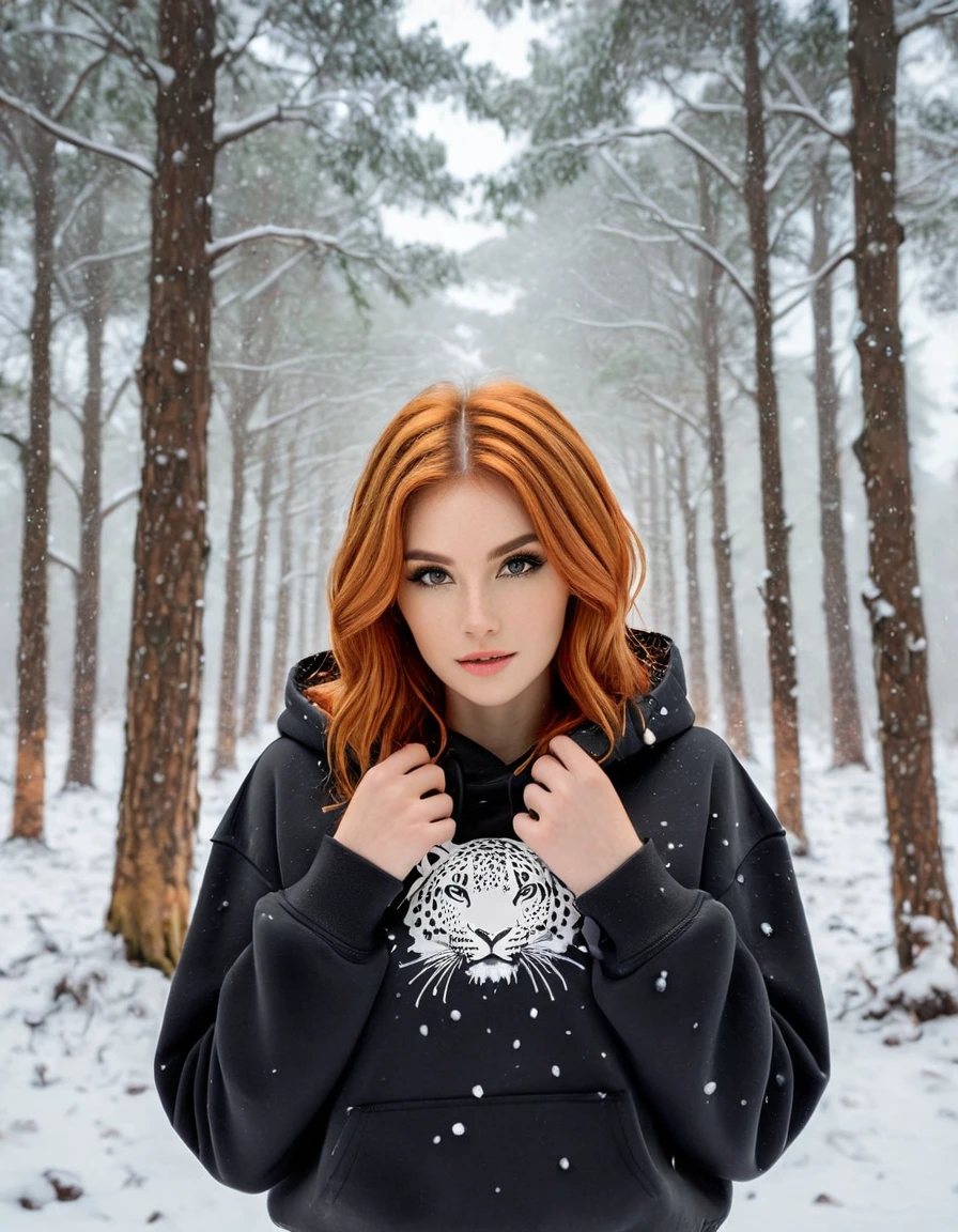 Un retrato hiperrealista de una joven de llamativo cabello naranja, Diseñado en ondas sueltas. Lleva una elegante sudadera con capucha con estampado de leopardo y un forro interior naranja., sobre un top corto negro. El fondo presenta una serena, bosque nevado con copos de nieve que caen suavemente y árboles borrosos, creando un contraste entre su cabello y atuendo vibrantes y la calma, entorno invernal. La atmósfera general es a la vez vanguardista y encantadora., Capturando un momento de fuerza y belleza tranquila.