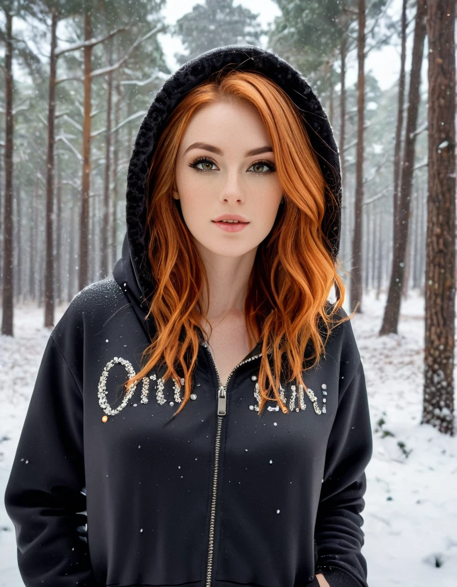 印象的なオレンジ色の髪を持つ若い女性の超現実的な肖像画, ゆるいウェーブのスタイル. 彼女はヒョウ柄とオレンジ色の裏地が付いたスタイリッシュなパーカーを着ています, 黒のクロップトップの上に. 背景には穏やかな, 静かに降る雪とぼやけた木々のある雪の森, 彼女の鮮やかな髪と衣装と落ち着いた雰囲気のコントラストが, 冬の雰囲気. 全体的な雰囲気はエッジが効いていて魅惑的だ, 静かな強さと美しさの瞬間を捉える