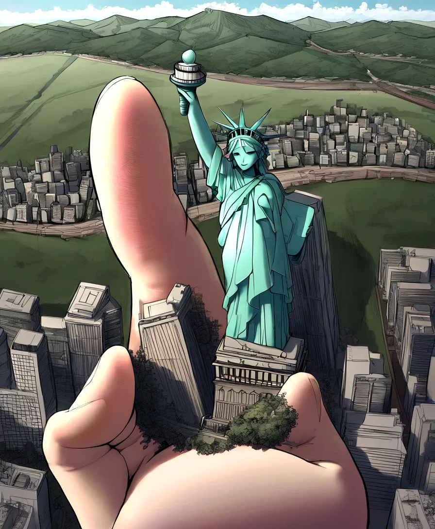 giantess、Giantess、Destroyed cityscape seen in the distance、rubble、Mountains in the distance々、smile、statue of liberty
