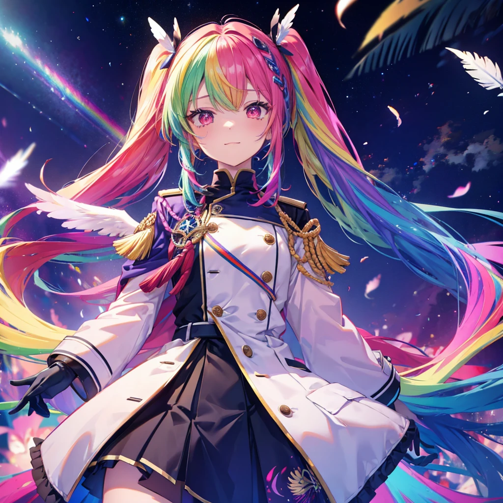 ((archange　fantaisie　cheveux arc-en-ciel　Rendez vos cheveux de couleur arc-en-ciel à l&#39;intérieur　Queues jumelles　Yeux rouges ternes　Il y a une galaxie　uniforme　Mettez un manteau sans y mettre les bras　Des ailes plusieurs fois plus grandes que les miennes　plumes dégradées arc-en-ciel　Solitaire　Souriant gentiment　devant))　((larmes　gants))　(verre brisé　Galet roulant　étoile)　Attrape le vent　voie Lactée　fond brillant　particules de lumière, bords de couleur arc-en-ciel　étoile