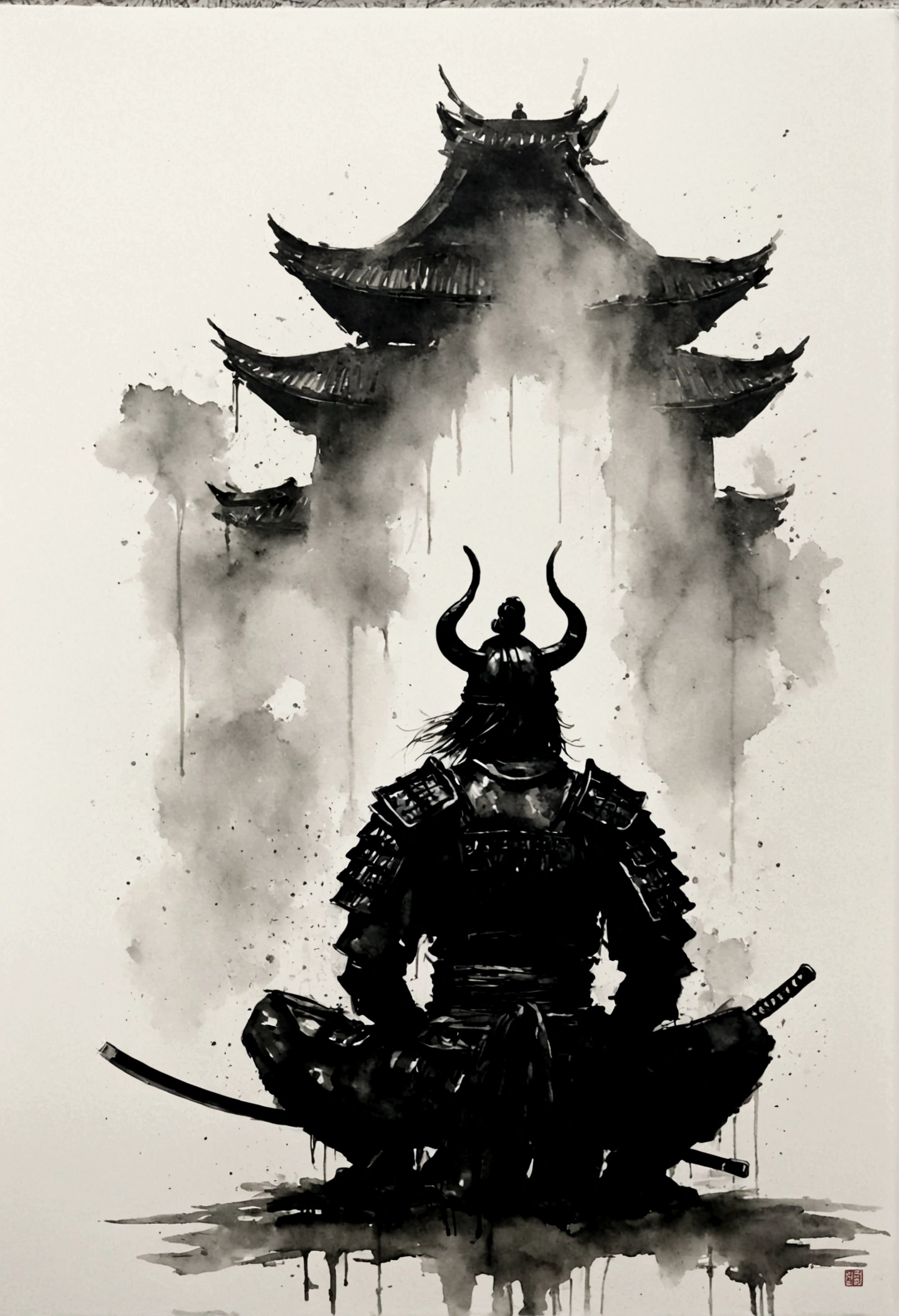 Black and white painting,Ink Painting,splash,Mamba Hair,samurai armor,sitting cross-legged,seppuku,disembowelment,