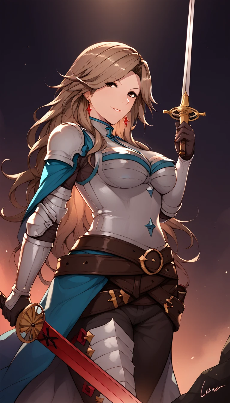 score_9, score_8_up, score_7_up, score_6_up, uncensored, katalina \(granblue fantasy\), brown hair, forehead, parted bangs, long hair, wavy hair, brown eyes, adult, mature, naughty face,  BREAK (masterpiece:1.2), best quality, high resolution, unity 8k wallpaper, (illustration:0.8), (detailed eyes:1.3), perfect lighting, extremely detailed CG, (perfect hands, perfect anatomy), 1girl, weapon, sword, looking_at_viewer, solo, holding, holding_sword, gloves, large breasts, standing, smile, holding_sword,
