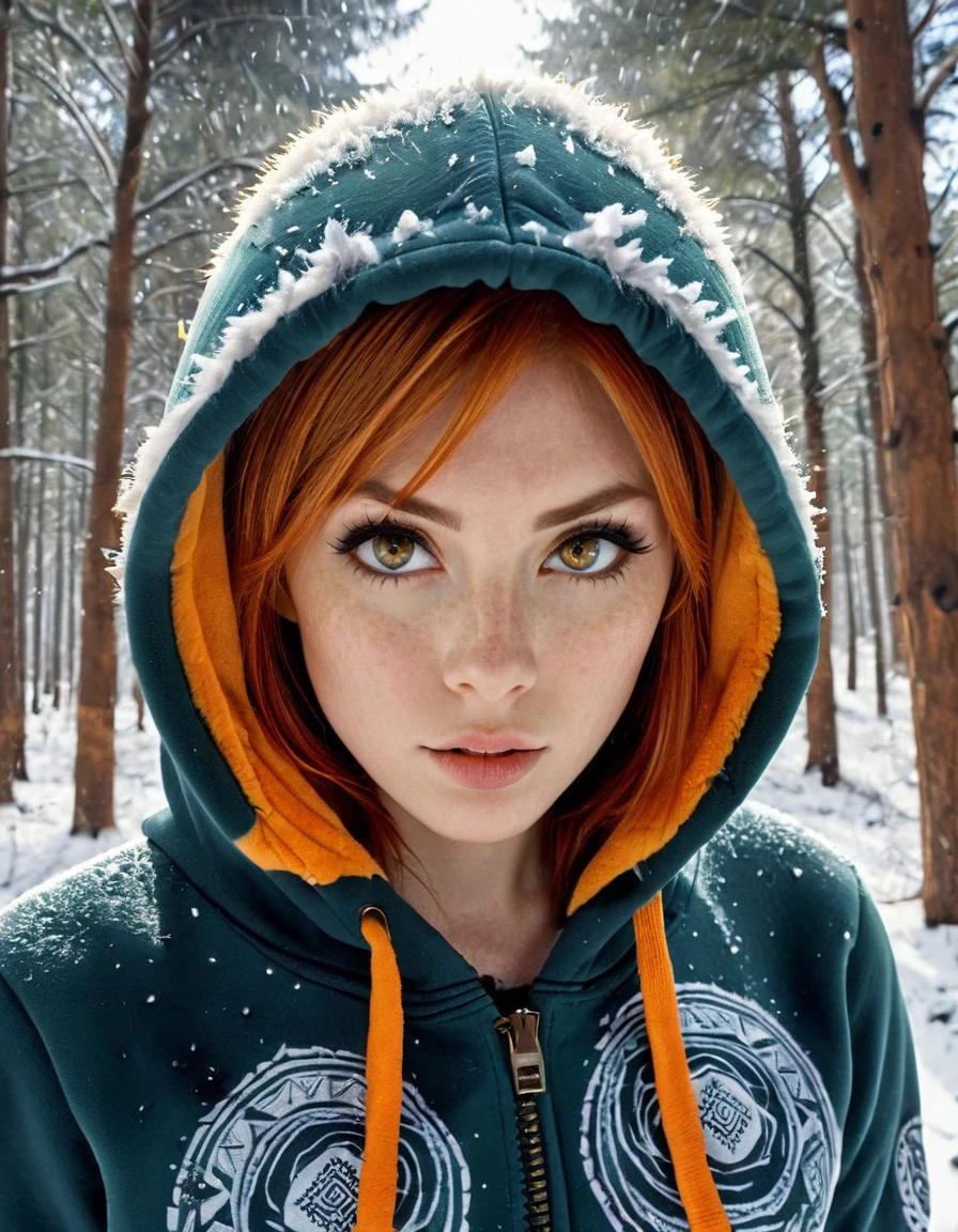 Ein hyperrealistisches Porträt eines wilden Kriegers mit orangefarbenem Haar, trägt einen pelzgefütterten Kapuzenpullover mit Stammesmuster, spielt in einem verschneiten Wald mit dramatischer Atmosphäre.