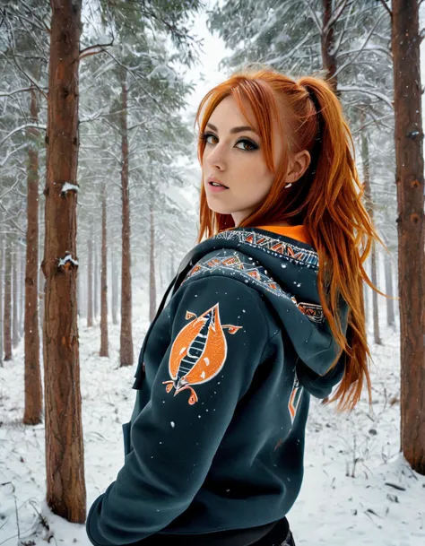 A hyper-realistic portrait of a fierce warrior with orange hair, wearing a fur-lined hoodie with tribal patterns, set in a snowy...
