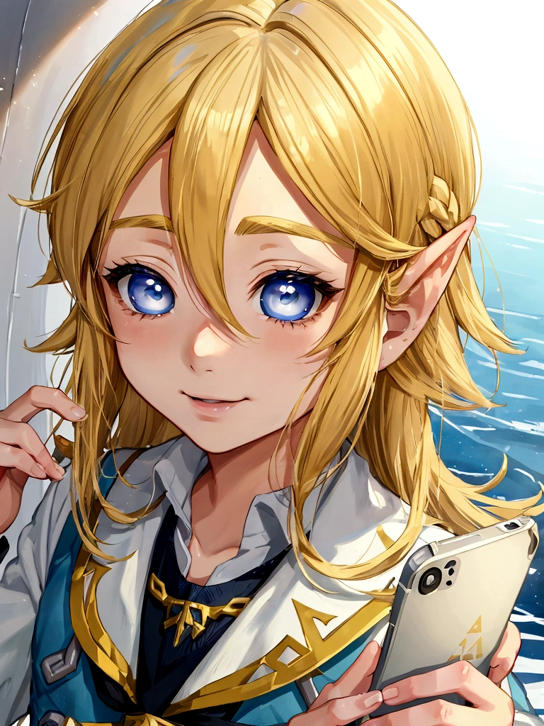 (work of art)), (best qualityer), (detailed anime style), ((1 boy)), (link to the legend of zelda, hair blonde, shorth hair), (Sailor uniform), holding a smartphone in front of your face, whitewashed eyes, hypnosis) , (extended smile)