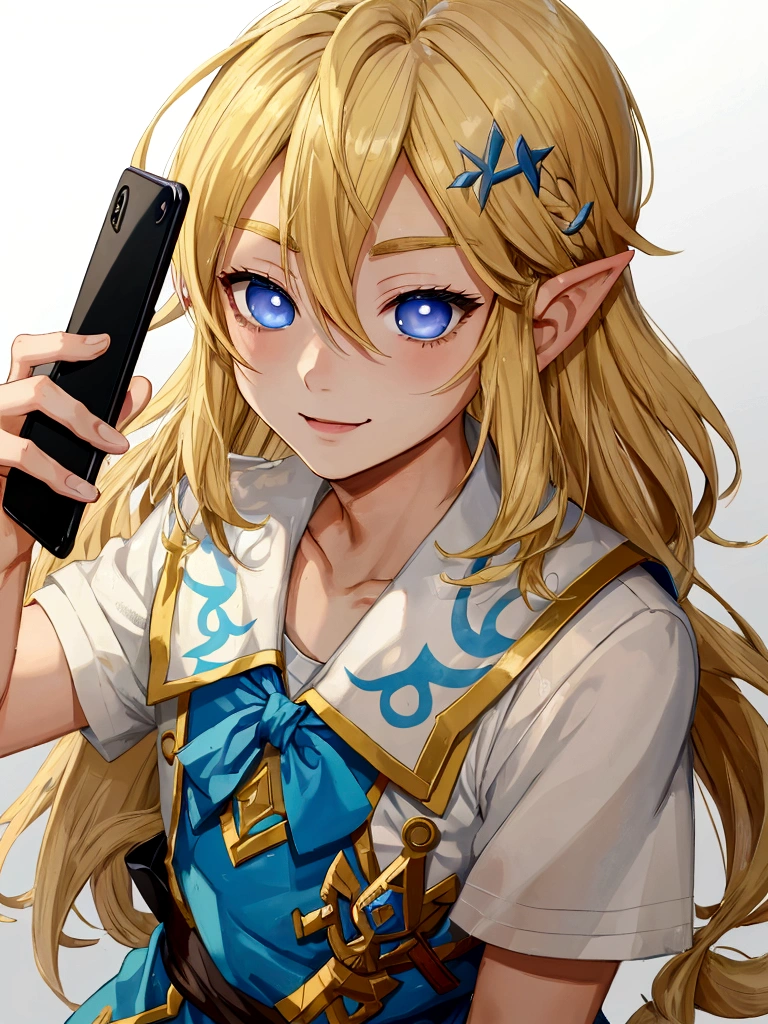 (work of art)), (best qualityer), (detailed anime style), ((1 boy)), (link to the legend of zelda, hair blonde, shorth hair), (Sailor uniform), holding a smartphone in front of your face, whitewashed eyes, hypnosis) , (extended smile)