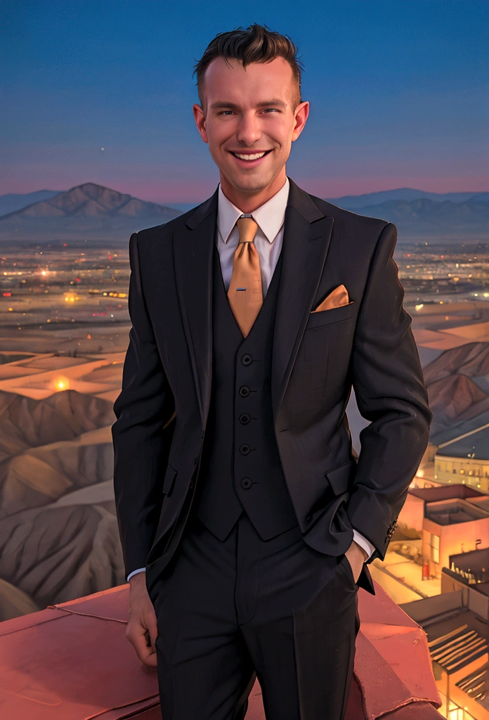 (solo), RAW Photo, photo of man Todder8 on a rooftop overlooking a small city at twilight wearing classic dapper clothes, (wearing suit), glow of the setting sun, vibrant ambiance, desert mountains, neon lights, music, (jet magazine), male, smiling, short hair, Todder5