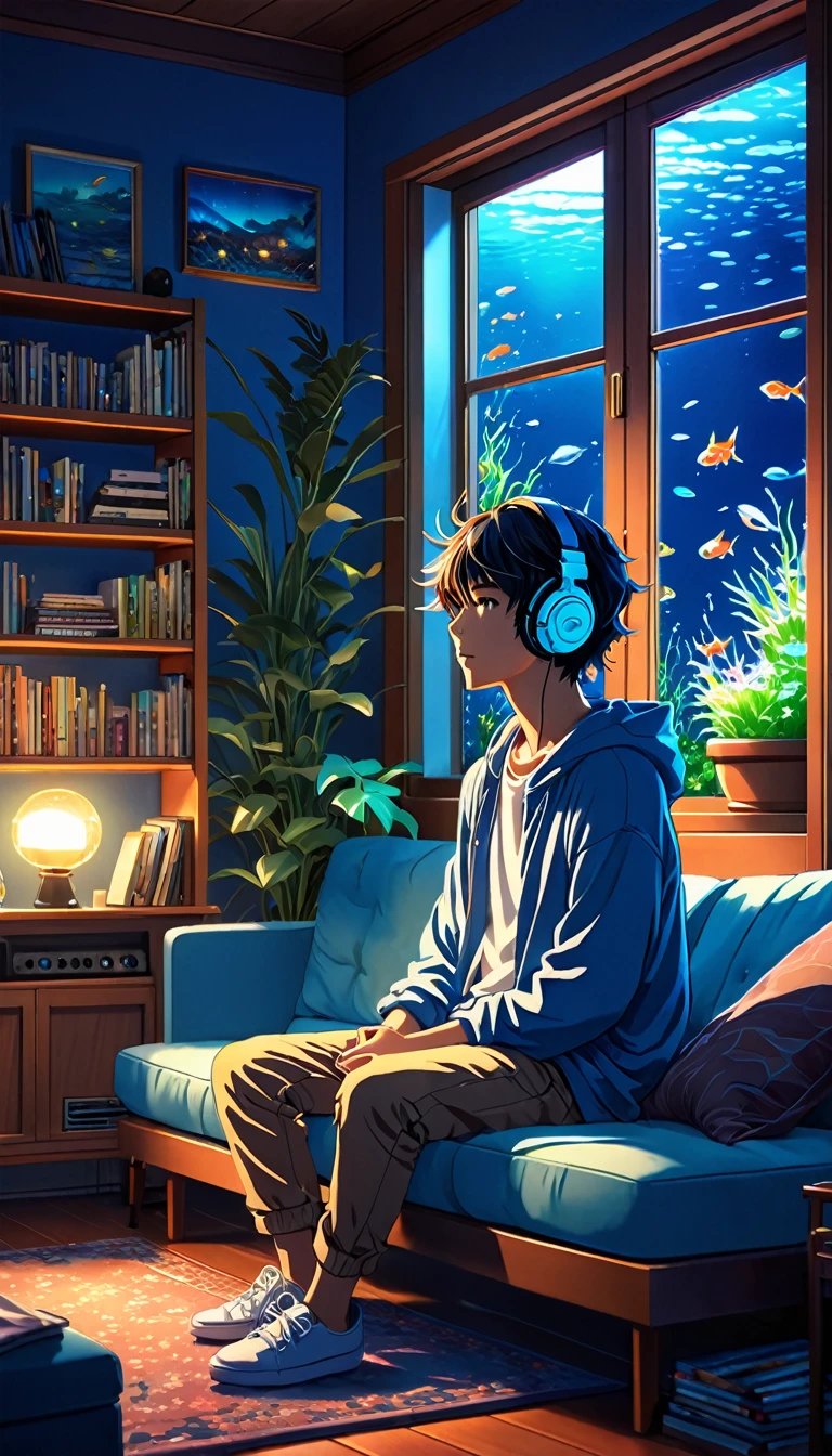 alta calidad, 8k ultra alta definición, Gran detalle, obra maestra, una ilustración digital de estilo anime, Paisaje de anime de un niño escuchando música en una habitación acogedora por la noche., Usando auriculares ,Sentado en un sofá en el dormitorio ,Fondo de acuario de tamaño mediano con peces en su interior , puerta de la habitación medio abierta, Iluminación de estilo azul claro de noche. , Calma, sereno, anime with  hermosa escena de anime, hermosa escena de paz anime, Makoto Shinkai Cyril Rolando, hermosa escena de anime, increíble fondo de pantalla, Fondo de pantalla de arte anime 8k, fondo animado, art fondo animado , Fondo de pantalla animado 4K, Fondo de pantalla de arte animado 4k, Fondo de pantalla de arte animado 4k,