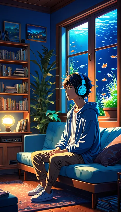 high quality, 8K Ultra HD, great detail, masterpiece, an anime style digital illustration, anime landscape of a boy listening to...