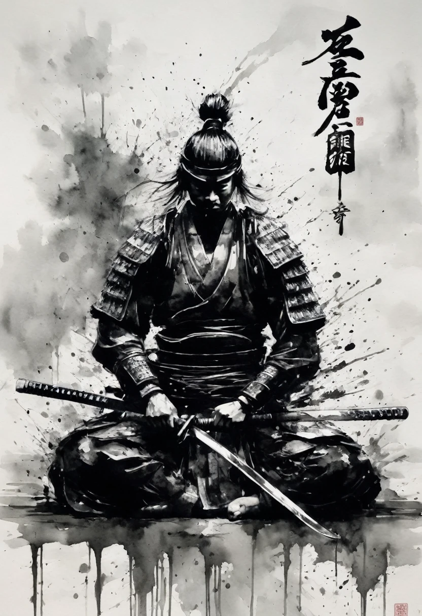 Peinture en noir et blanc,peinture à l&#39;encre,éclaboussure,Cheveux Mamba,armure de samouraï,Assis les jambes croisées,seppuku,éventration,