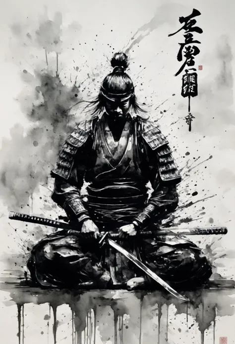 black and white painting,ink painting,splash,mamba hair,samurai armor,sitting cross-legged,seppuku,disembowelment,