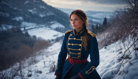 illustrate napoleon's beautiful female soldier hiding in a bush on top of snowy hill landscapes, struggling against the harsh wi...