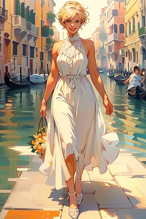 Venice, Italy. Athletic blonde woman, (short hair), tomboy, cute, ((smile)), White sundress, wedge heels, light makeup. Masterpiece, best quality,(highly detailed:1.2),(detailed face and eyes:1.2), 8k wallpaper, natural lighting. core shadows, high contrast, bokeh, depth of field,(rule of thirds).