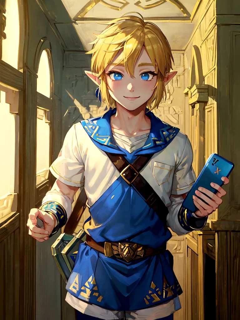 ((Masterpiece)), (best quality), ((1 boy)), (link to the legend of zelda,  blonde hair, short hair), (Sailor  uniform), holding ...