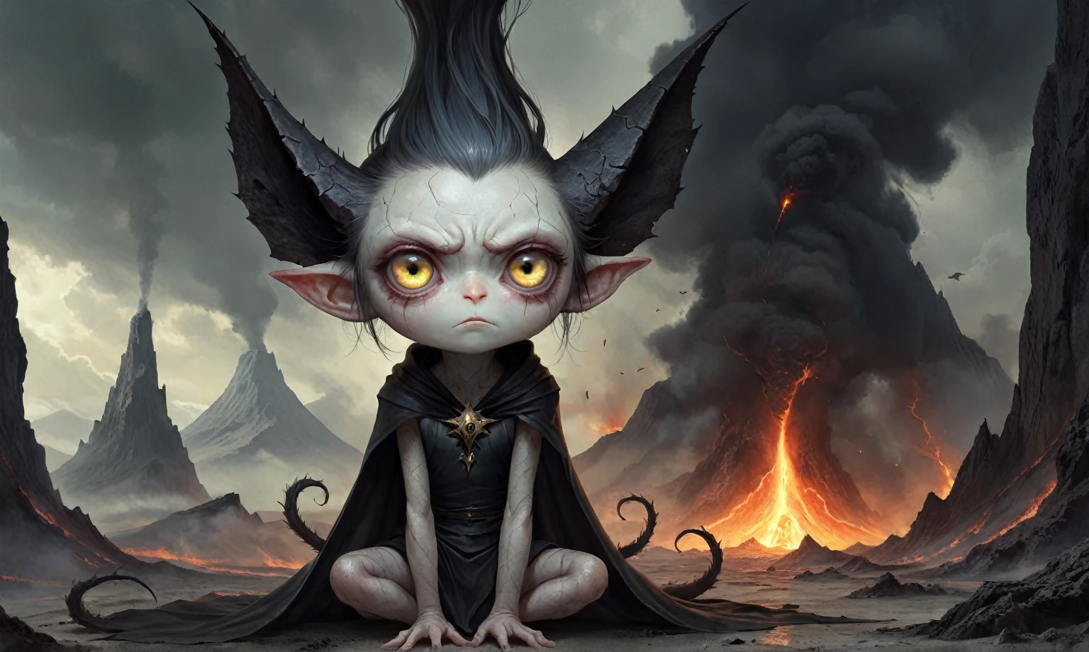 Full body length shot, famous artwork by (tom bagshaw:1.1), detailed expressive eyes, fantasy style, the grumpy lubwad is a tiny creature that prospers in intense heat, building its resiliforged lairs in the flanks of active volcanoes on planet ramsnuggle vi, here we get a good look at its dark ears and intricate eyes as it lays in ambush to prey on the grubby sneezlenook from the shadows of its yarbled hideout
RAW photo, realistic texture, extremely detailed, absurdres, sharp focus,  volumetric lighting, subsurface scattering
realistic skin, (natural skin:1), (skin details, skin texture:1.1), (skin pores:1), (skin imperfections:0.3), 
Mestichino,Light particles,marble leather ,ink photography ,RAW, NIKON Z9,ink photorealism,Mestichino,Light particles,marble leather ,ink photography , school of magic