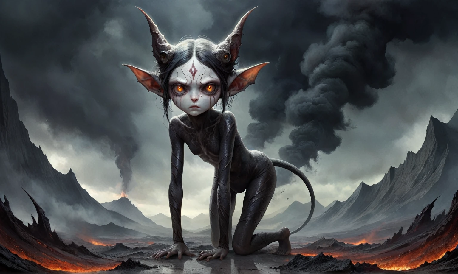 Full body length shot, famous artwork by (tom bagshaw:1.1), detailed expressive eyes, fantasy style, the grumpy lubwad is a tiny creature that prospers in intense heat, building its resiliforged lairs in the flanks of active volcanoes on planet ramsnuggle vi, here we get a good look at its dark ears and intricate eyes as it lays in ambush to prey on the grubby sneezlenook from the shadows of its yarbled hideout
RAW photo, realistic texture, extremely detailed, absurdres, sharp focus,  volumetric lighting, subsurface scattering
realistic skin, (natural skin:1), (skin details, skin texture:1.1), (skin pores:1), (skin imperfections:0.3), 
Mestichino,Light particles,marble leather ,ink photography ,RAW, NIKON Z9,ink photorealism,Mestichino,Light particles,marble leather ,ink photography , school of magic