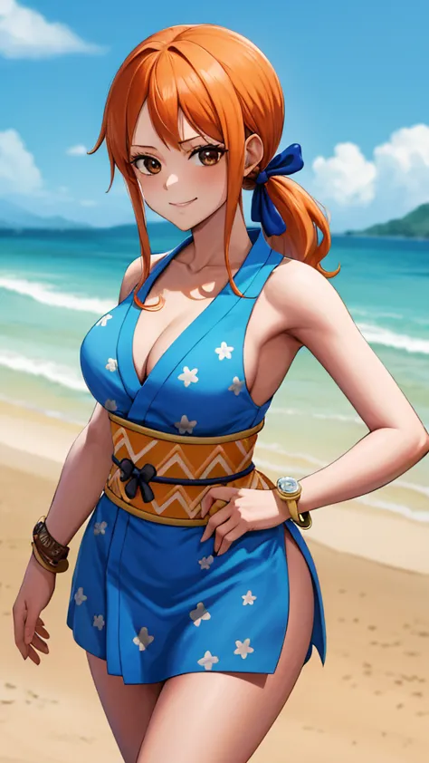 masterpiece, best quality, highres, nami (one piece), long hair, orange hair, low ponytail, hair ribbon, blue ribbon, brown eyes...